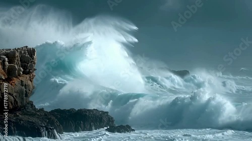 Dramatic powerful ocean wave crashing against a rocky coastline