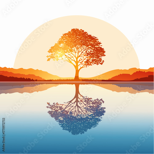 solitary tree reflected in the still waters of a foggy lake at sunrise