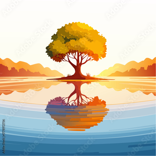 solitary tree reflected in the still waters of a foggy lake at sunrise