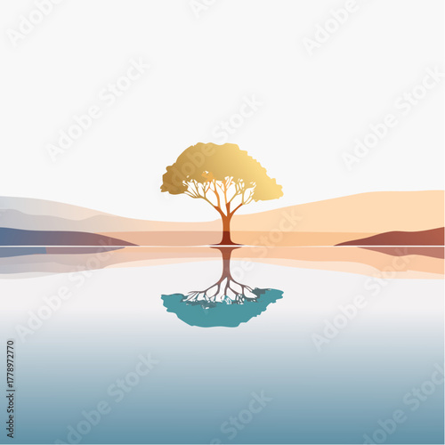solitary tree reflected in the still waters of a foggy lake at sunrise