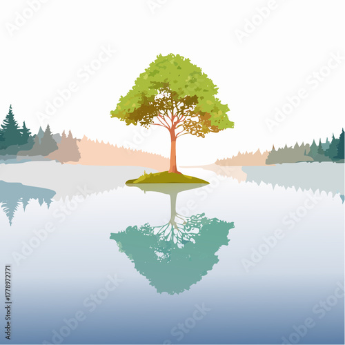 solitary tree reflected in the still waters of a foggy lake at sunrise