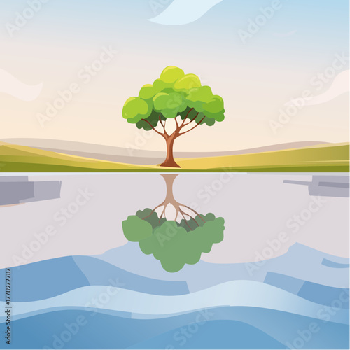 solitary tree reflected in the still waters of a foggy lake at sunrise