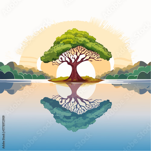 solitary tree reflected in the still waters of a foggy lake at sunrise