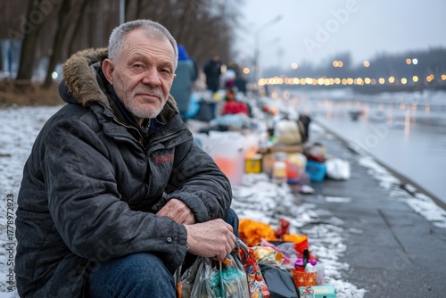 Fototapeta Naklejka Na Ścianę i Meble -  Senior man sitting on cold sidewalk with small bag of belongings.