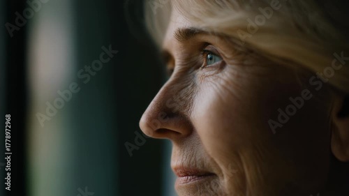 Close-up portrait of a thoughtful senior woman gazing out a window, reflecting on life and memories