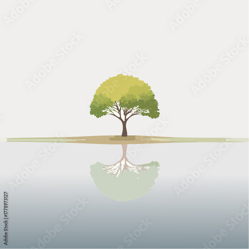 solitary tree reflected in the still waters of a foggy lake at sunrise