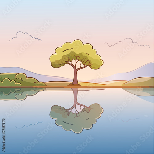 solitary tree reflected in the still waters of a foggy lake at sunrise