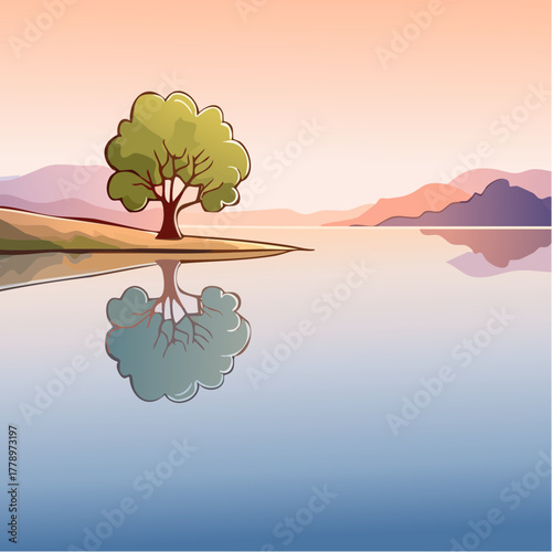 solitary tree reflected in the still waters of a foggy lake at sunrise