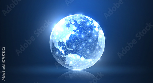 Globe. Polygonal wireframe mesh earth globe with. Global connection technology