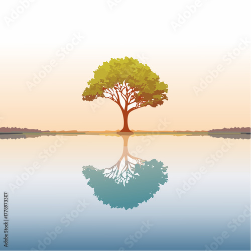 solitary tree reflected in the still waters of a foggy lake at sunrise