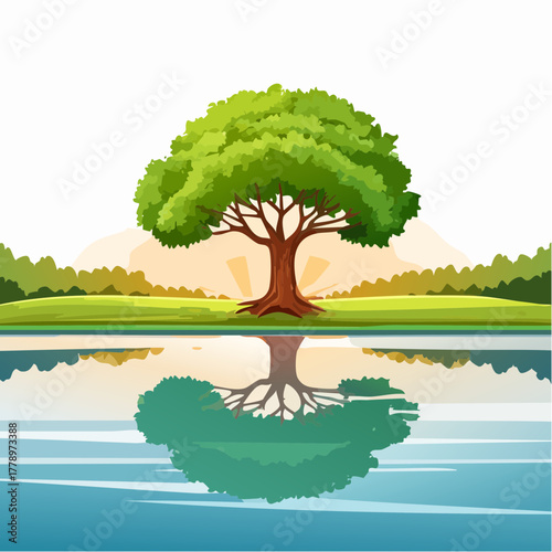 solitary tree reflected in the still waters of a foggy lake at sunrise