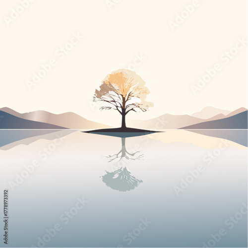 solitary tree reflected in the still waters of a foggy lake at sunrise