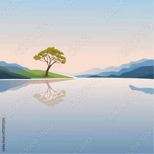 solitary tree reflected in the still waters of a foggy lake at sunrise