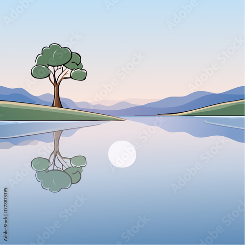 solitary tree reflected in the still waters of a foggy lake at sunrise