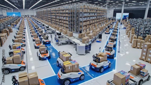 Automated guided vehicles moving packages through vast, high-ceilinged fulfillment center