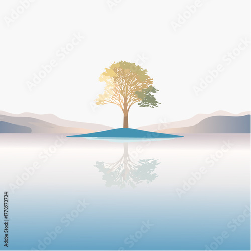 solitary tree reflected in the still waters of a foggy lake at sunrise