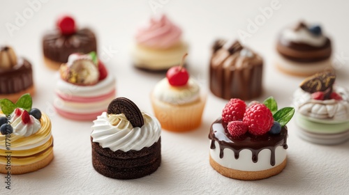 Deliciously arranged miniature cakes with creative toppings and frostings