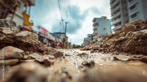 Aftermath of destruction after natural disaster in a residential area