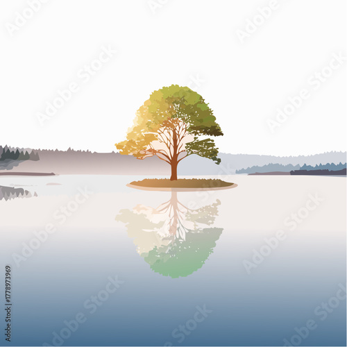 solitary tree reflected in the still waters of a foggy lake at sunrise