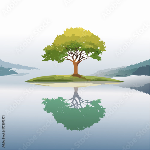 solitary tree reflected in the still waters of a foggy lake at sunrise