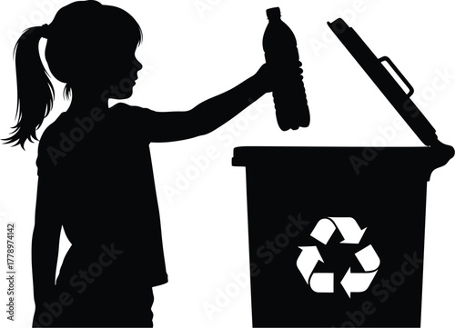 Silhouette of girl recycling plastic bottle in recycle bin outdoors