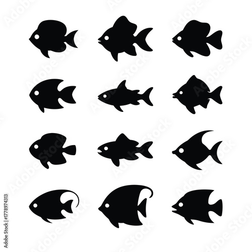 Variety of Fish Silhouettes: A collection of simple, elegant black silhouettes representing diverse fish species. Perfect for aquatic designs, educational resources, or creative projects. 