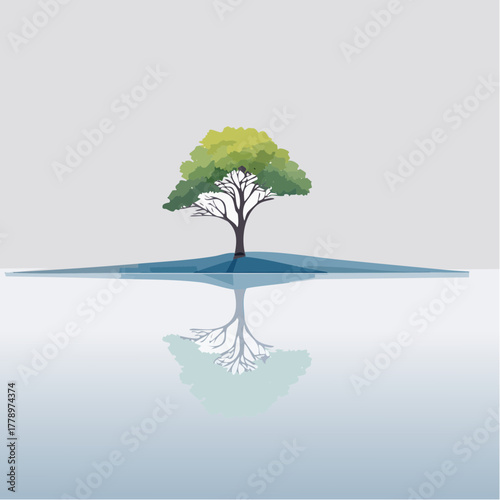 solitary tree reflected in the still waters of a foggy lake at sunrise
