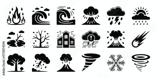 High-quality vector of 20 black-and-white minimalist silhouette icons of natural disasters and extreme weather, aligned grid, clean geometric shapes, modern, bold.