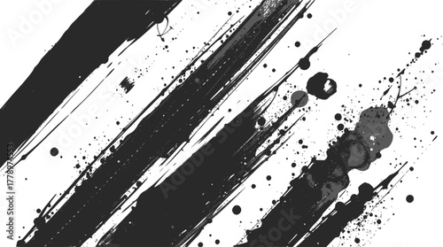 Abstract black ink brush strokes and splatters