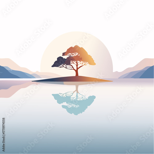 solitary tree reflected in the still waters of a foggy lake at sunrise