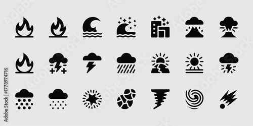 High-quality vector of 20 black-and-white minimalist silhouette icons of natural disasters and extreme weather, aligned grid, clean geometric shapes, modern, bold.
