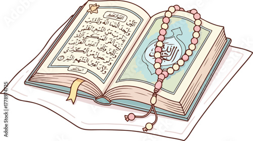 Open Quran with Delicate Pink Rosary Beads for Ramadan Celebrations and Spiritual Reflections, Representing Islamic Faith and Traditions, Ramadan Kareem