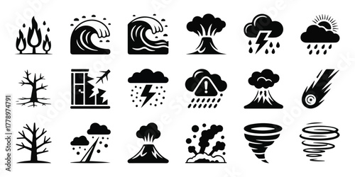 High-quality vector of 20 black-and-white minimalist silhouette icons of natural disasters and extreme weather, aligned grid, clean geometric shapes, modern, bold.