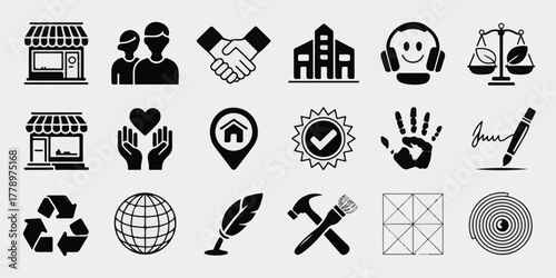 Minimalist black and white 18-icon set, 3x6 grid, geometric clean line design, universal business, tech, communication, social, finance, education, eco, productivity symbols, vector-ready