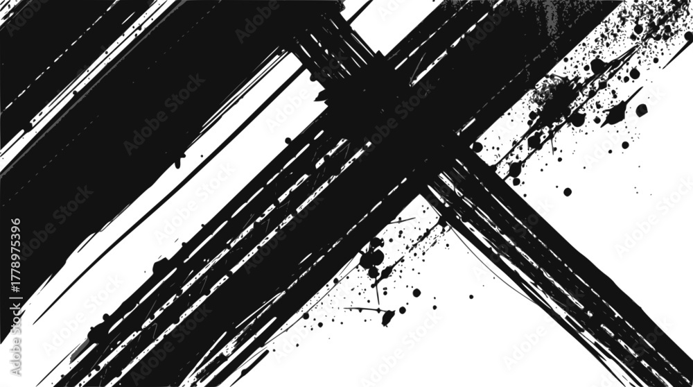Fototapeta premium Abstract black ink brush strokes and splatters on