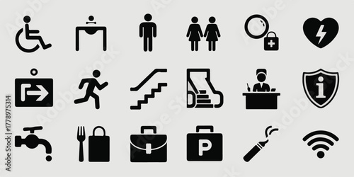 High-quality, commercial-ready minimalist vector icons of universal signage and accessibility, three-row grid, geometric shapes, clean lines, modern, readable, stock-ready, digital and print.