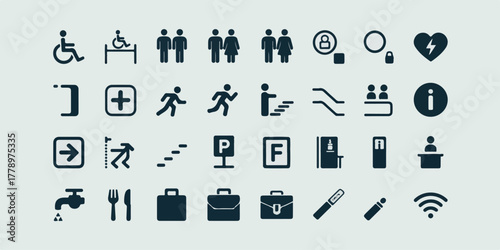 High-quality, commercial-ready minimalist vector icons of universal signage and accessibility, three-row grid, geometric shapes, clean lines, modern, readable, stock-ready, digital and print.