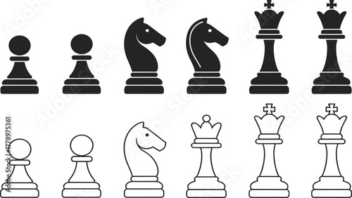 Black and white chess pieces vector illustration, strategic board game icons with pawn, knight, queen and king design for artwork.