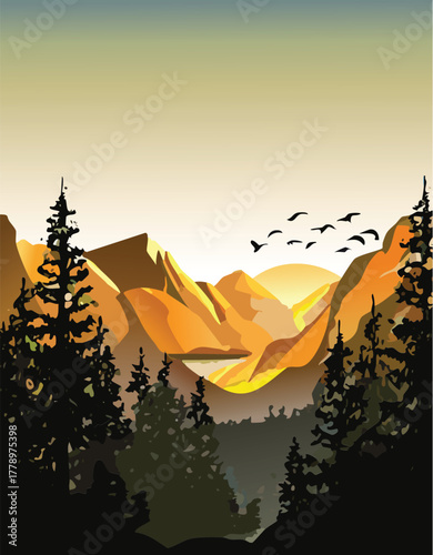 Golden sunset over the mountain range with flying birds and pine trees