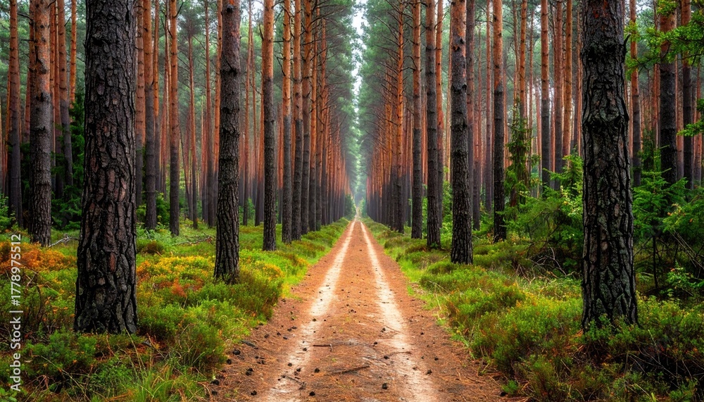 Fototapeta premium Forest path lined with tall pine trees leading into the distance during daytime with scattered sunlight and green undergrowth