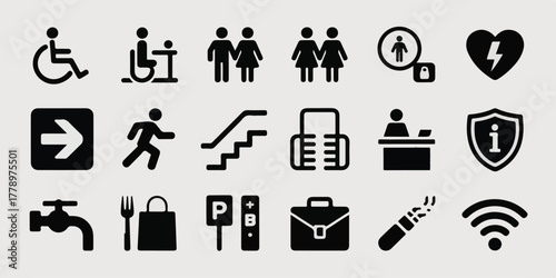 High-quality, commercial-ready minimalist vector icons of universal signage and accessibility, three-row grid, geometric shapes, clean lines, modern, readable, stock-ready, digital and print.