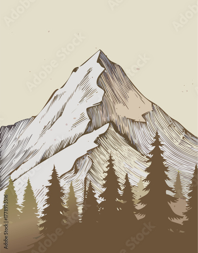 Hand drawn mountain landscape with pine trees in the foreground view