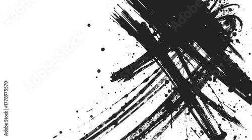 Abstract black ink brush strokes and splatters on