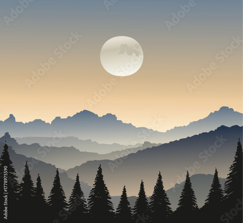 Mountain landscape with full moon, vector illustration of nature scenery