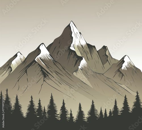 Majestic mountain peak with snowcapped summit and evergreen forest below