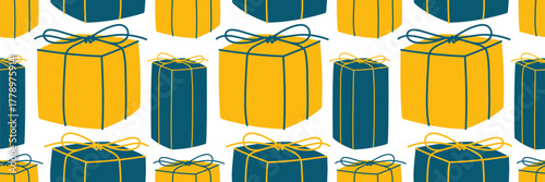Seamless Pattern of Christmas Gift Boxes with bows on white background.