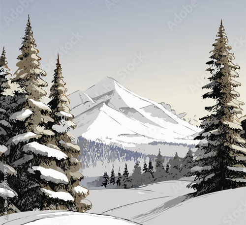 Winter landscape with snow covered trees and mountains in the background