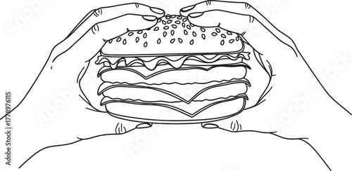 Line drawing of hands holding a large burger with multiple patties