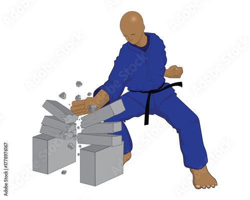 Vector illustration design of a martial arts athlete in blue clothes appears to be destroying a stack of stone or concrete blocks with his bare hands, similar to the movements in the karate martial ar