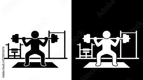 Gym Workout Icon of Weightlifting Man Performing Squat with Barbell in Black and White Vector Design